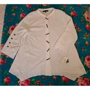 Caleoas Women's XL White Boho Blouse Crepe Band Collar Toggle Buttons Stretch